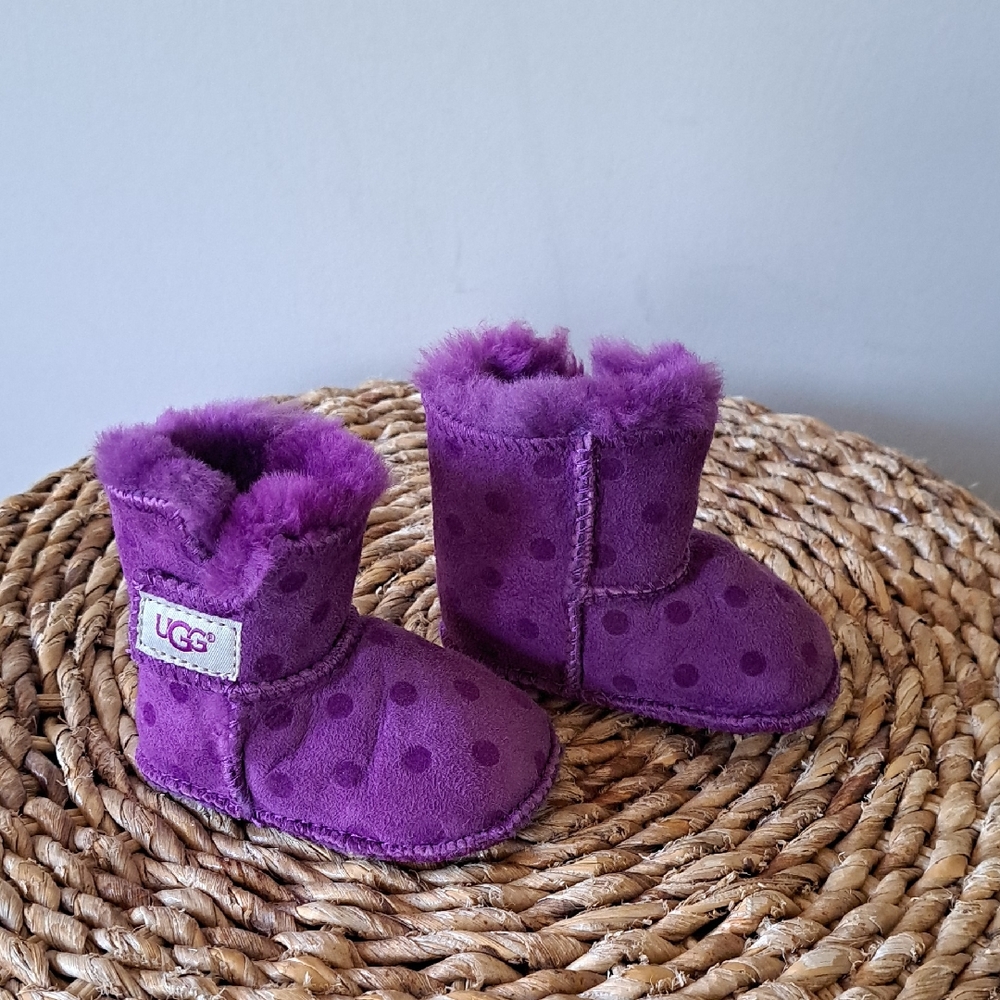 UGG Infant‎ Girls Erin Purple Suede Leather Polka Dot Print Pull-On Booties XS